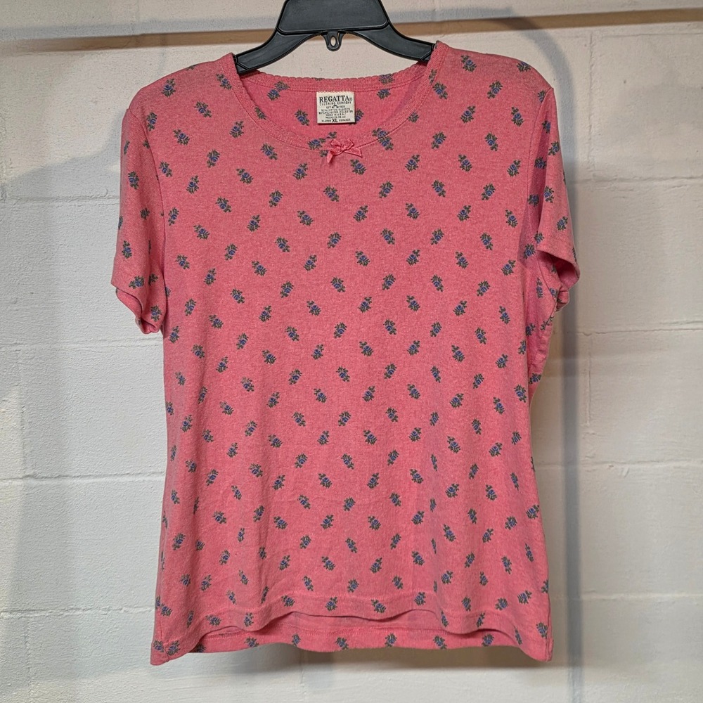 Y2K Regatta Pink Ditsy Floral Pointelle Knit Top Bow Accent Women XL Cottagecore